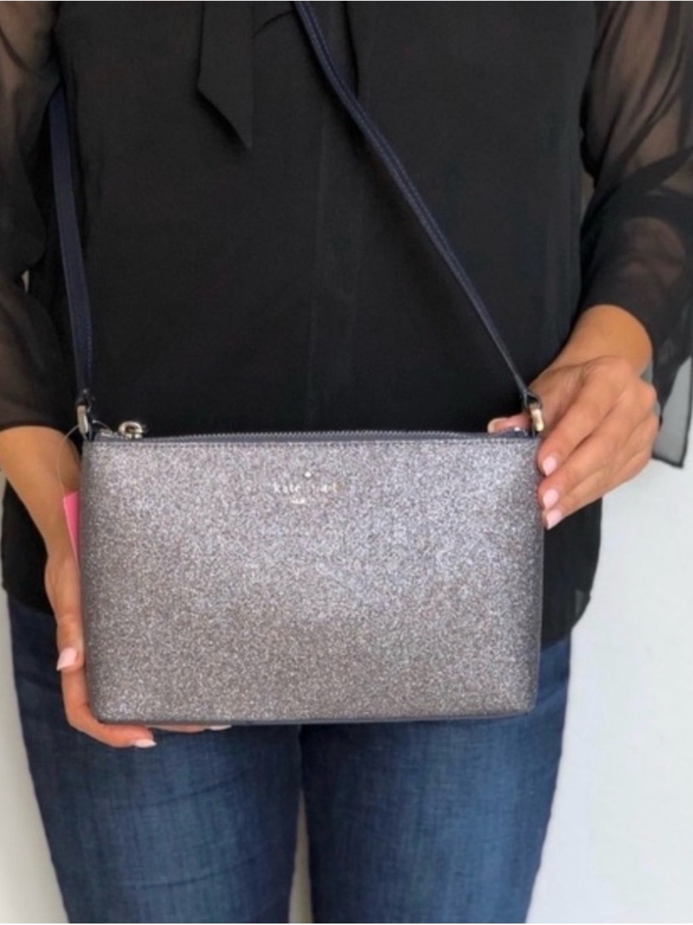 Kate Spade Joeley Glitter Crossbody Bag Silver Navy NWOT Sparkle Evening
Purse